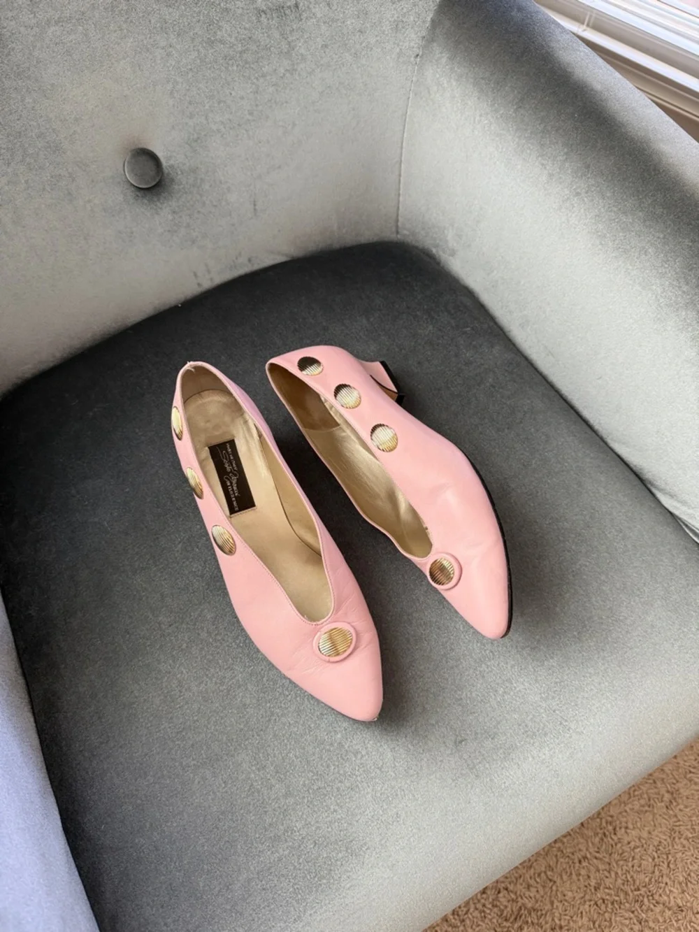 Sesto Meucci Pink Leather Gold Button Vintage Italian Designer Kitten Heel 7.5 - Picture 5 of 7
